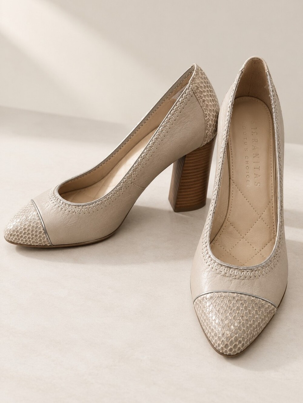 Hispanitas Croc Leather Quiet Luxury Block Heel Minimalist Taupe Dress Shoes